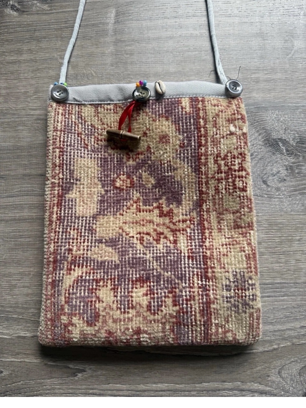 Boho Handwoven Tapestry Crossbody Bag in Muted Red and Cream Button Closure NWOT